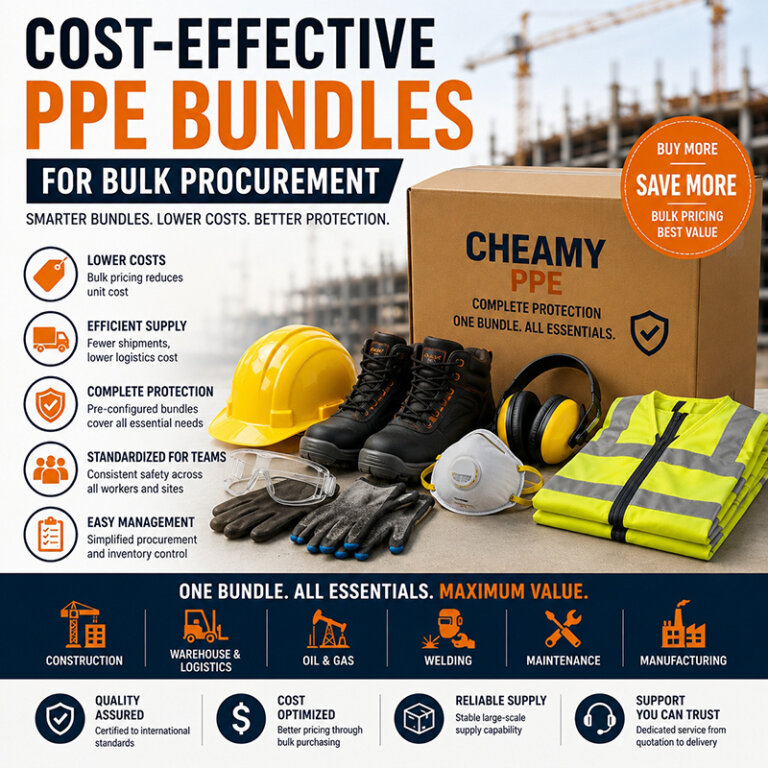 Cost-effective PPE bundle featuring a safety helmet, safety glasses, protective gloves, respirator, hearing protection, safety boots, and high-visibility vest for bulk procurement in construction and industrial workplaces.