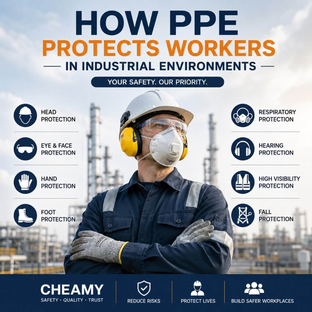 Industrial worker wearing complete PPE including safety helmet, safety glasses, respirator, earmuffs and protective gloves, illustrating how PPE protects workers in industrial environments.
