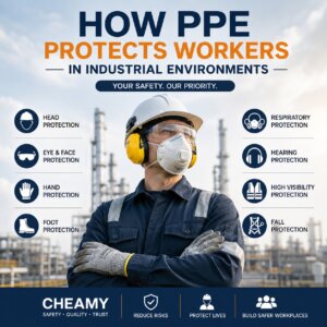 Industrial worker wearing complete PPE including safety helmet, safety glasses, respirator, earmuffs and protective gloves, illustrating how PPE protects workers in industrial environments.