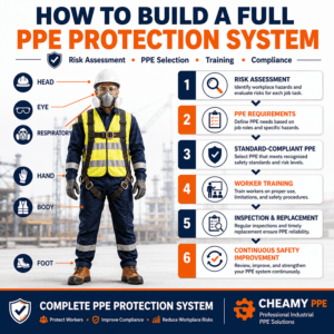 Industrial worker wearing a complete PPE system including safety helmet, goggles, respirator, high-visibility vest, gloves, protective clothing, safety boots, and fall protection harness, alongside a step-by-step infographic showing how to build an effective workplace PPE protection system.