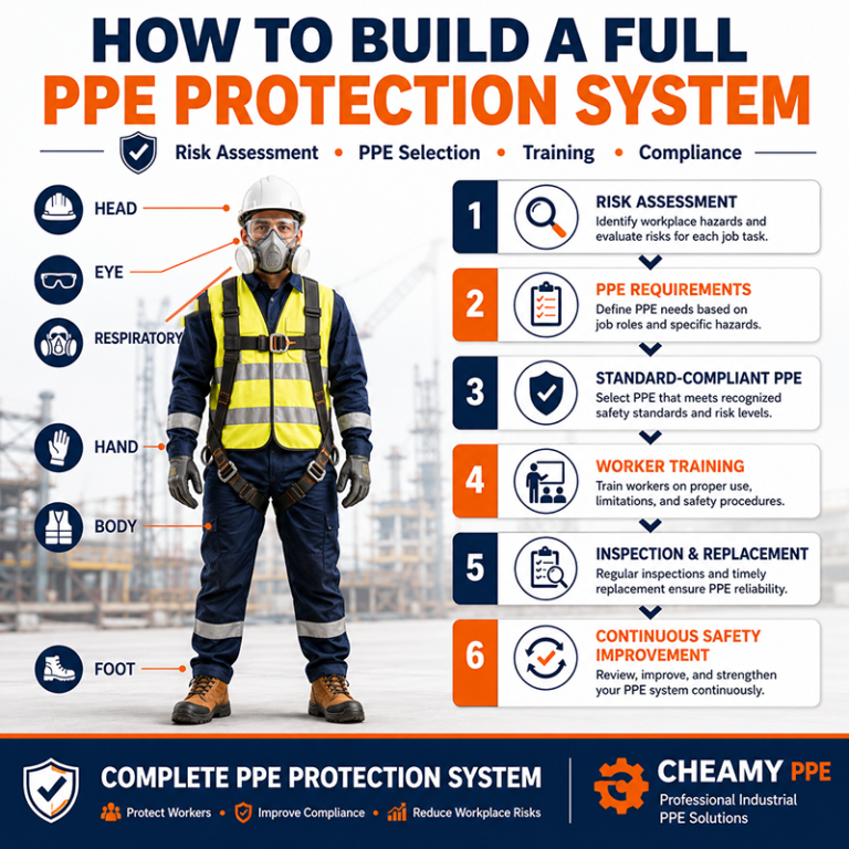Industrial worker wearing a complete PPE system including safety helmet, goggles, respirator, high-visibility vest, gloves, protective clothing, safety boots, and fall protection harness, alongside a step-by-step infographic showing how to build an effective workplace PPE protection system.
