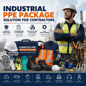 Industrial contractor PPE package displaying safety helmet, goggles, protective gloves, high-visibility vest, safety boots, respirator, hearing protection, and fall arrest harness, representing a complete workplace safety solution from CHEAMY PPE.