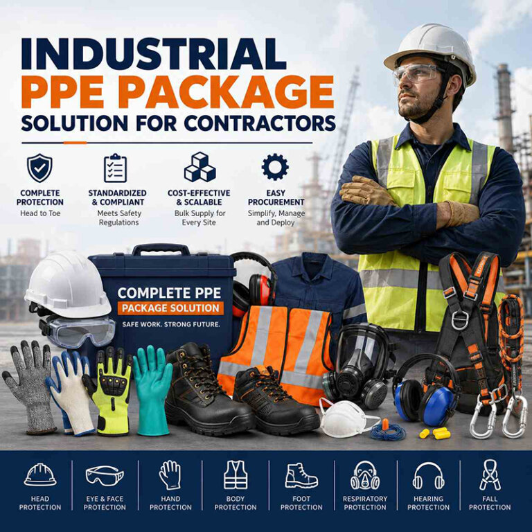 Industrial contractor PPE package displaying safety helmet, goggles, protective gloves, high-visibility vest, safety boots, respirator, hearing protection, and fall arrest harness, representing a complete workplace safety solution from CHEAMY PPE.