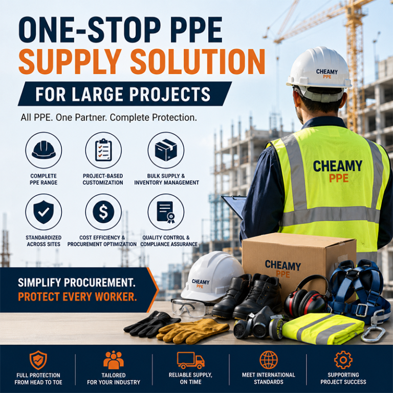 Construction worker with a complete range of PPE products including safety helmet, gloves, safety boots, respirator, hearing protection, fall protection harness, protective eyewear, and high-visibility clothing, representing a one-stop PPE supply solution for large industrial and construction projects.