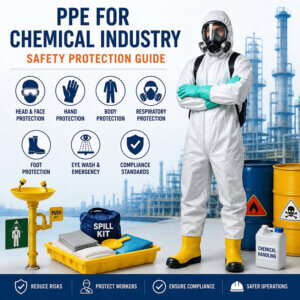 Chemical industry worker wearing full PPE including protective suit, respirator, gloves, and safety boots, with chemical safety equipment and PPE protection icons.