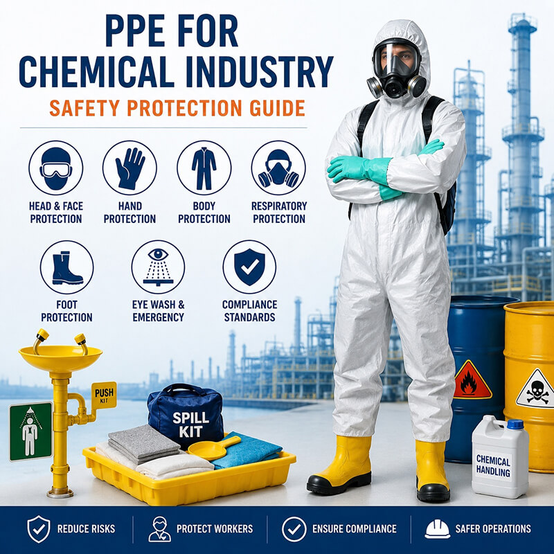 Chemical industry worker wearing full PPE including protective suit, respirator, gloves, and safety boots, with chemical safety equipment and PPE protection icons.