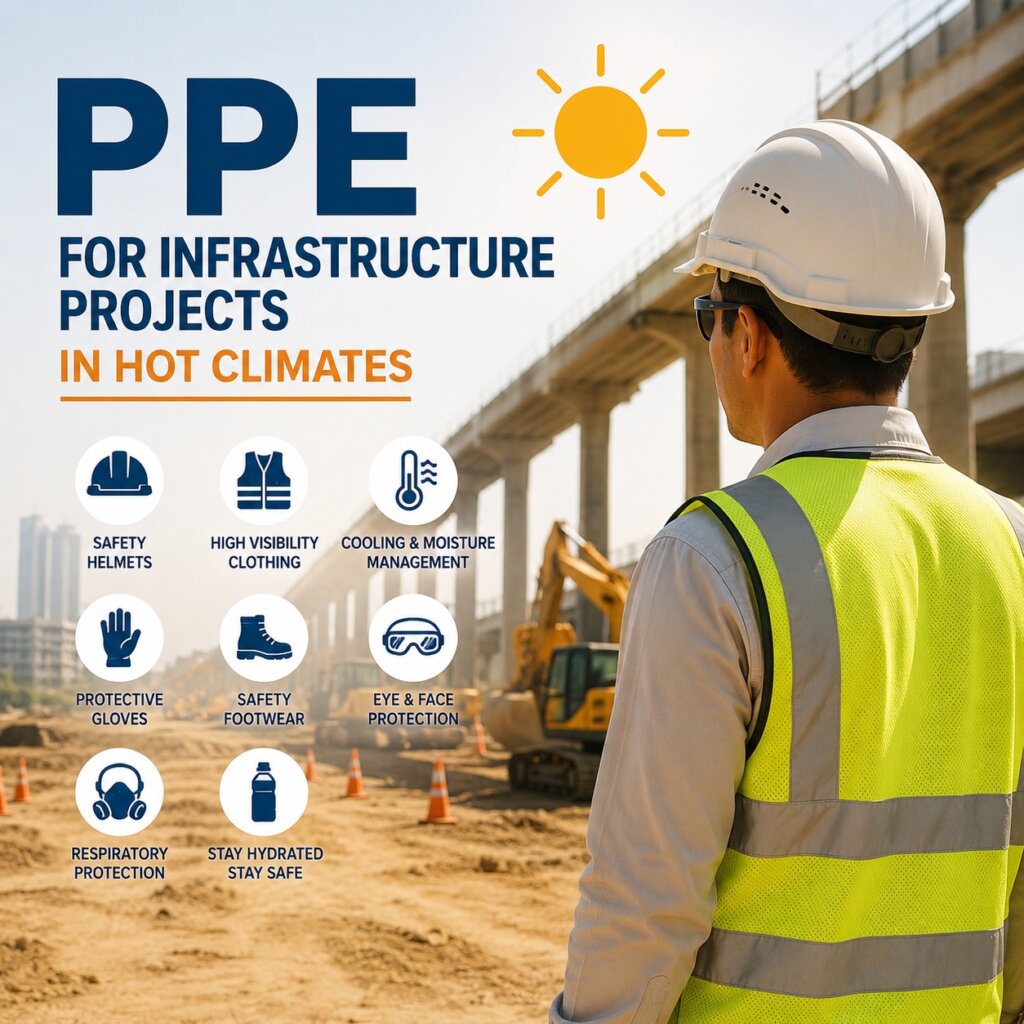 Worker wearing high visibility PPE and safety helmet on a hot climate infrastructure construction site with PPE safety icons.