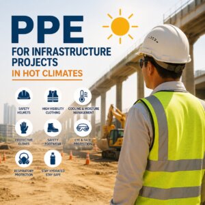 Worker wearing high visibility PPE and safety helmet on a hot climate infrastructure construction site with PPE safety icons.