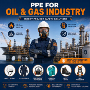 Oil and gas industry worker wearing full PPE including flame-resistant clothing, respirator, safety helmet, gloves, and safety boots at an energy project site.