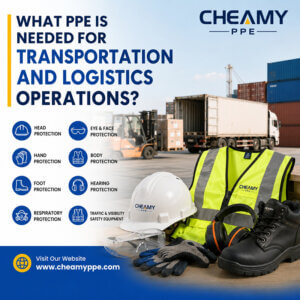 PPE for transportation and logistics operations including safety helmet, high visibility vest, gloves, and safety shoes
