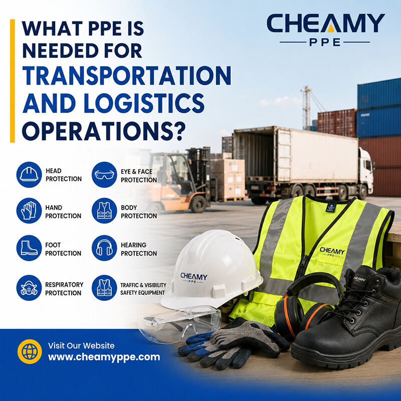 PPE for transportation and logistics operations including safety helmet, high visibility vest, gloves, and safety shoes
