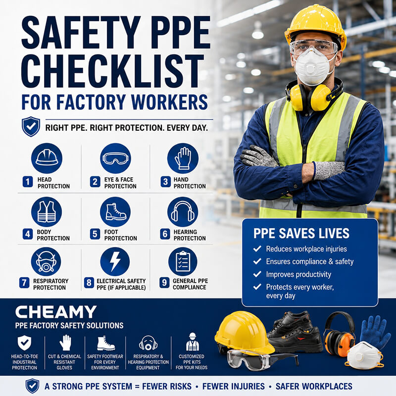Safety PPE checklist for factory workers with helmet, gloves, safety glasses, and protective workwear