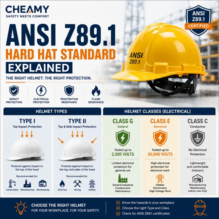 ANSI Z89.1 hard hat standard infographic showing Type I and Type II safety helmets, Class G, Class E, and Class C electrical classifications for industrial head protection.
