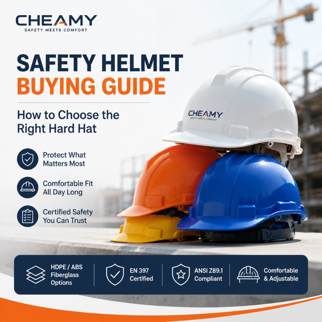 CHEAMY industrial safety helmets including HDPE, ABS, and fiberglass hard hats for construction and industrial workplaces, featuring EN 397 and ANSI Z89.1 certified head protection.