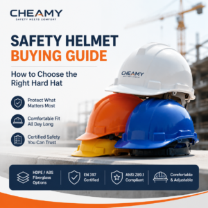 CHEAMY industrial safety helmets including HDPE, ABS, and fiberglass hard hats for construction and industrial workplaces, featuring EN 397 and ANSI Z89.1 certified head protection.