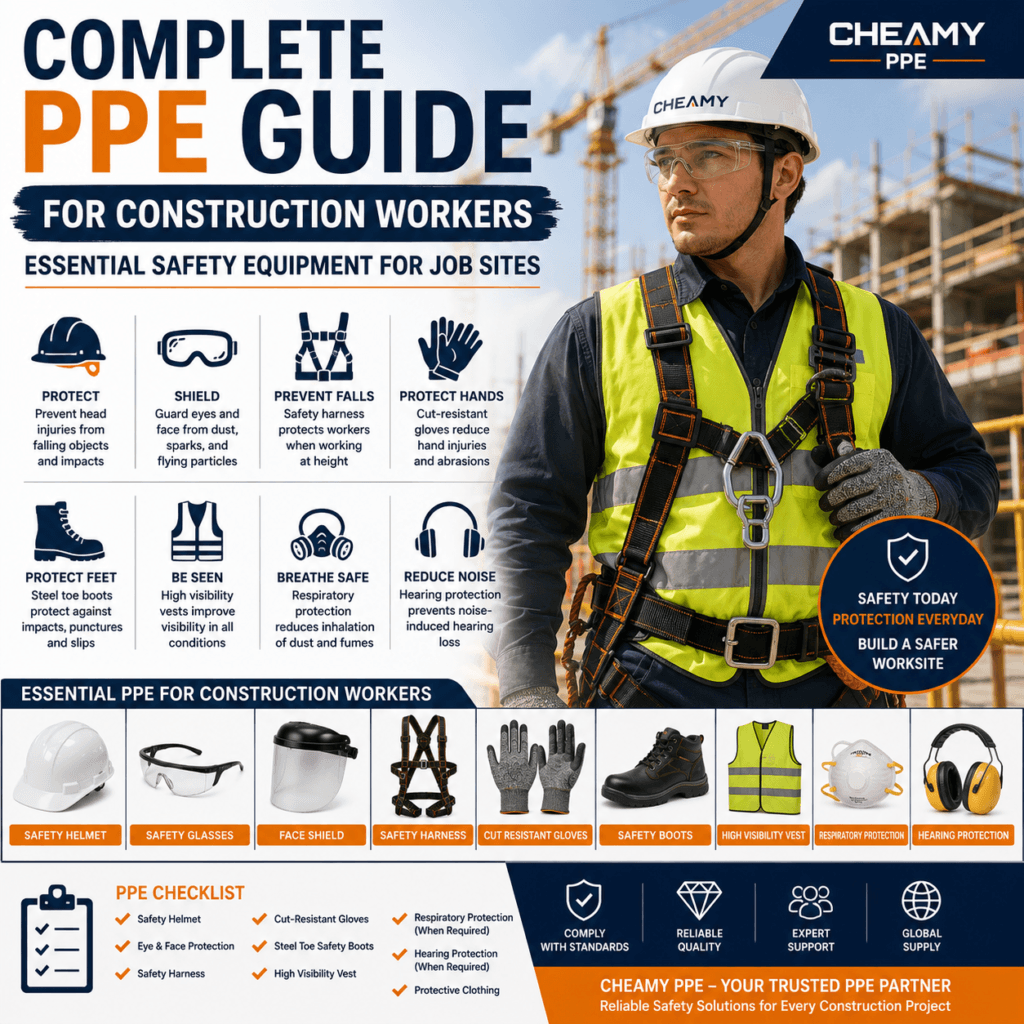 Construction PPE guide showing safety helmet, safety glasses, safety harness, cut-resistant gloves, steel toe boots, high-visibility vest, respirator, and hearing protection for construction workers