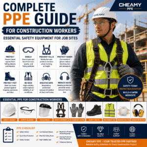 Construction PPE guide showing safety helmet, safety glasses, safety harness, cut-resistant gloves, steel toe boots, high-visibility vest, respirator, and hearing protection for construction workers