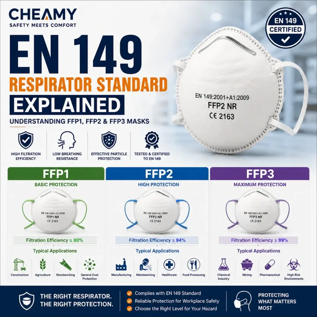 EN 149 respirator standard infographic comparing FFP1, FFP2, and FFP3 masks, showing filtration efficiency, protection levels, and workplace applications for industrial respiratory protection.