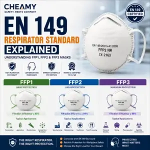 EN 149 respirator standard infographic comparing FFP1, FFP2, and FFP3 masks, showing filtration efficiency, protection levels, and workplace applications for industrial respiratory protection.