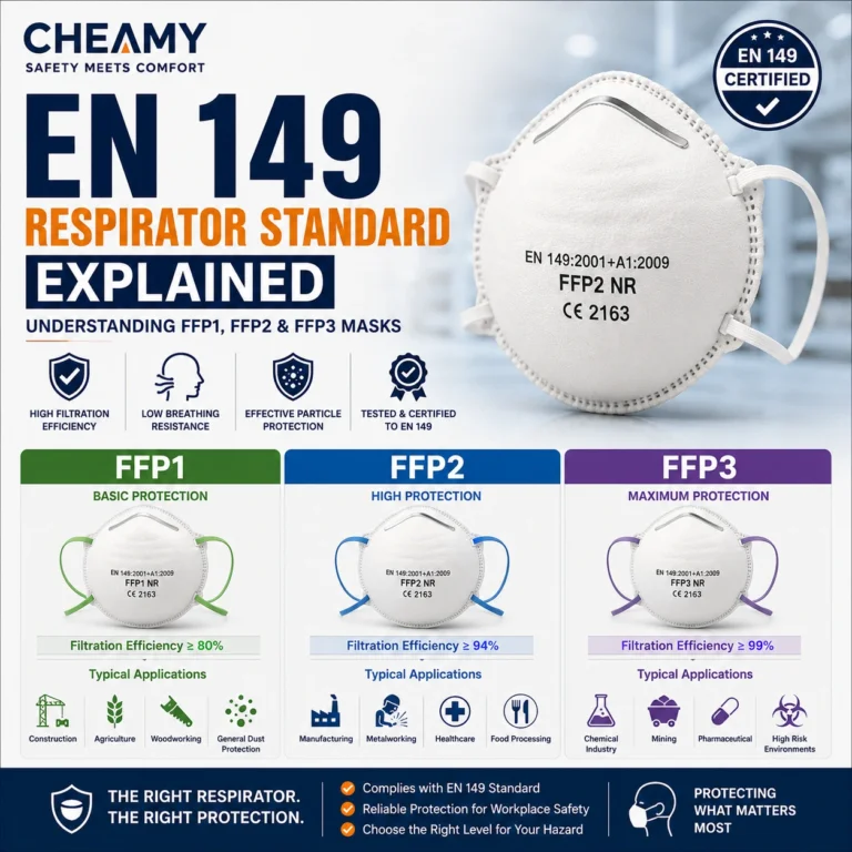 EN 149 respirator standard infographic comparing FFP1, FFP2, and FFP3 masks, showing filtration efficiency, protection levels, and workplace applications for industrial respiratory protection.