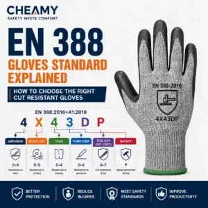 EN 388 gloves standard infographic showing abrasion, cut, tear, puncture, TDM cut, and impact protection ratings for cut resistant gloves used in industrial workplaces.