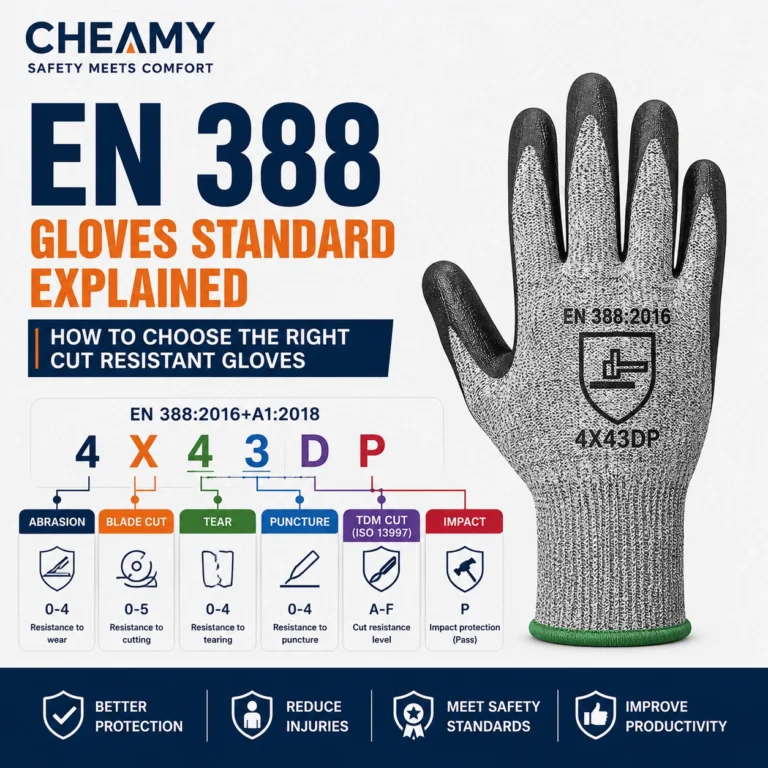 EN 388 gloves standard infographic showing abrasion, cut, tear, puncture, TDM cut, and impact protection ratings for cut resistant gloves used in industrial workplaces.