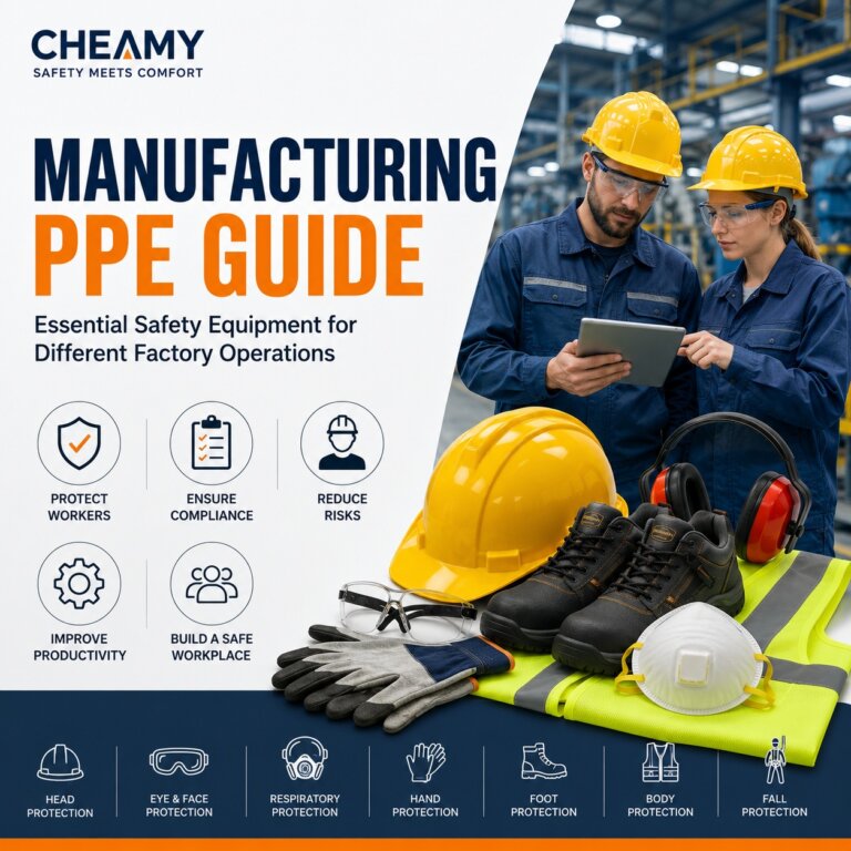 Manufacturing PPE guide cover showing factory workers wearing safety helmets and safety glasses alongside essential Personal Protective Equipment including work gloves, respirators, hearing protection, safety footwear, and high-visibility clothing in a manufacturing environment.
