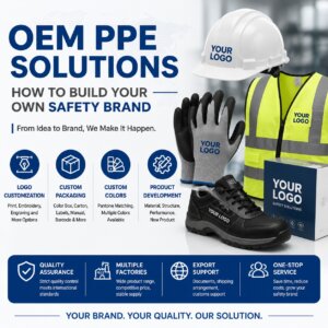 Infographic featuring customizable PPE products, including a safety helmet, gloves, high-visibility vest, safety shoes, and packaging, illustrating OEM and private label PPE solutions.