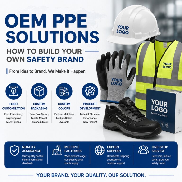 Infographic featuring customizable PPE products, including a safety helmet, gloves, high-visibility vest, safety shoes, and packaging, illustrating OEM and private label PPE solutions.