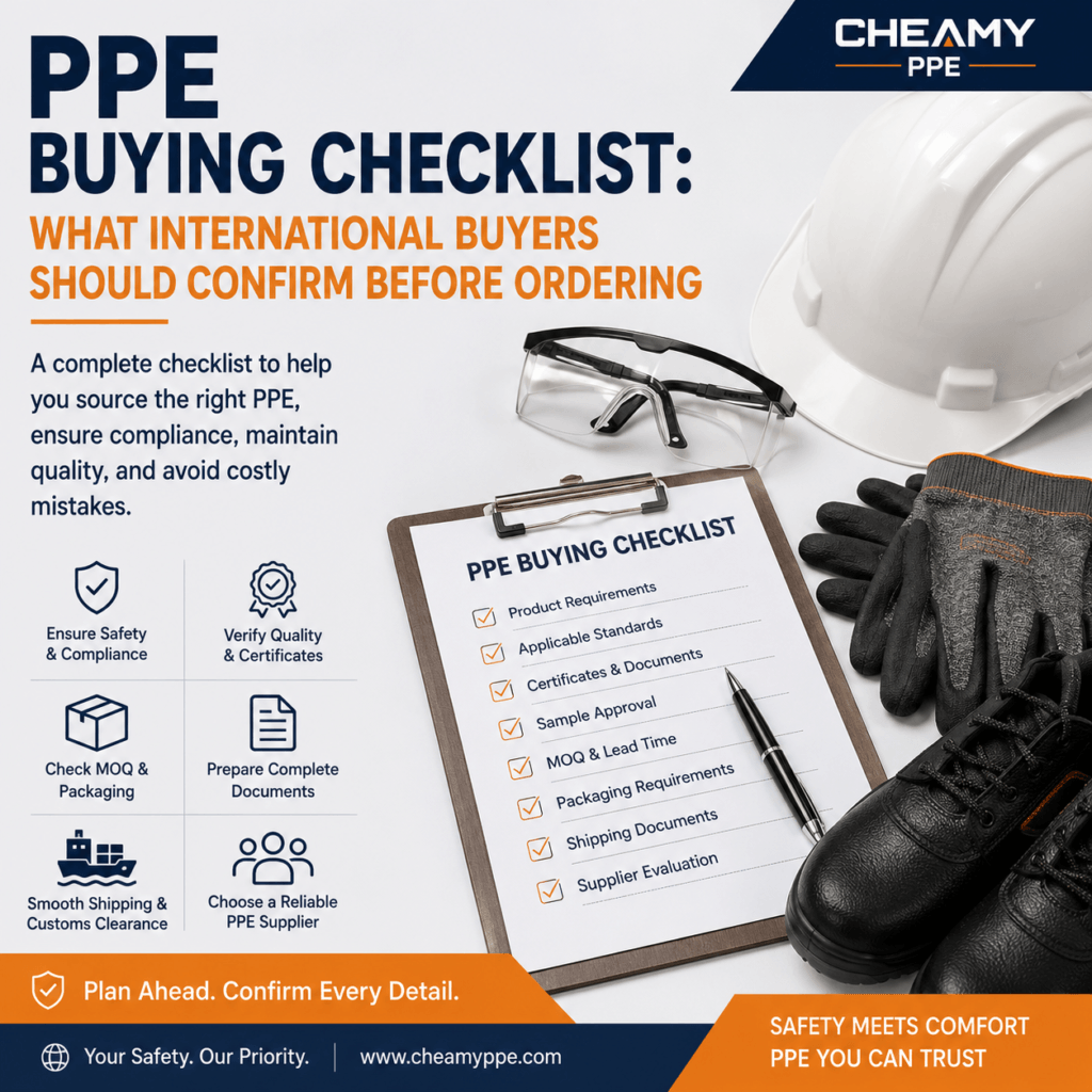 PPE buying checklist for international buyers featuring safety helmet, safety glasses, protective gloves, safety shoes, and procurement checklist for PPE sourcing