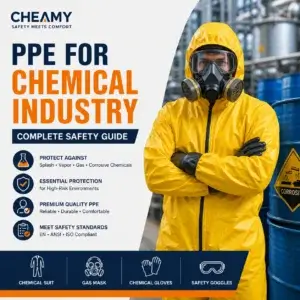 Worker wearing a yellow chemical protective suit and full-face gas mask in a chemical plant, with icons representing chemical suit, gas mask, chemical-resistant gloves, and safety goggles for workplace chemical protection.