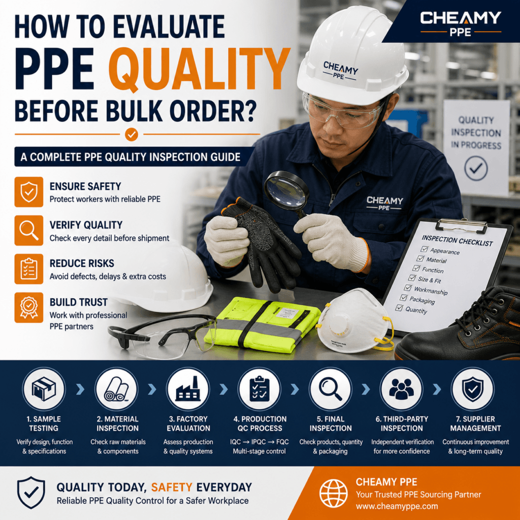 PPE quality inspection guide showing safety helmet, protective gloves, respirator, safety glasses, safety shoes, and PPE quality control checklist before bulk orders