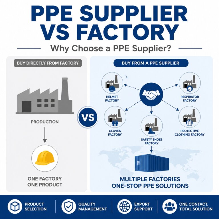 Infographic comparing a PPE supplier and a factory, showing how a one-stop PPE supplier manages multiple factories, quality control, product selection, and export support.