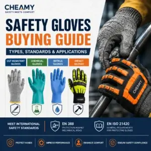 Safety gloves buying guide cover featuring cut resistant gloves, chemical gloves, nitrile gloves, and impact gloves with EN 388 and EN ISO 21420 standards for industrial hand protection.