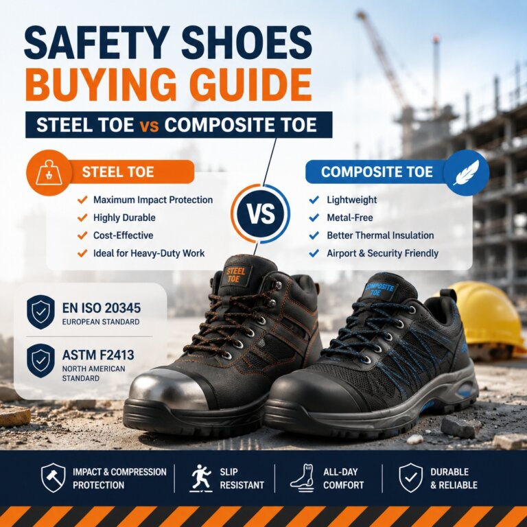 Comparison of steel toe and composite toe safety shoes for industrial workplaces, featuring certified protective footwear meeting EN ISO 20345 and ASTM F2413 standards.