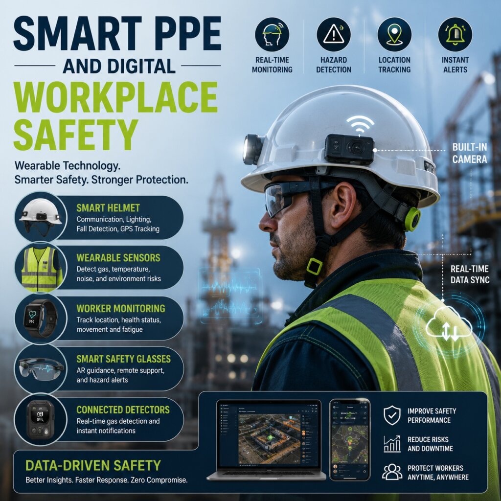 Infographic featuring a worker wearing a smart helmet and wearable safety equipment with real-time monitoring, sensors, GPS tracking, and digital workplace safety technology.
