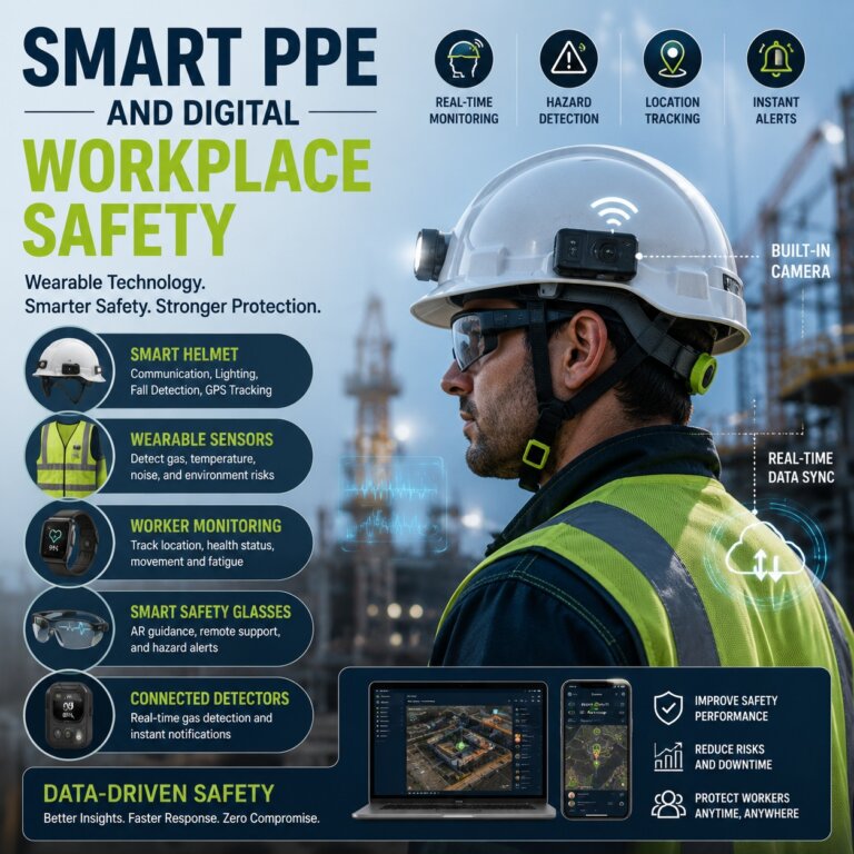 Infographic featuring a worker wearing a smart helmet and wearable safety equipment with real-time monitoring, sensors, GPS tracking, and digital workplace safety technology.