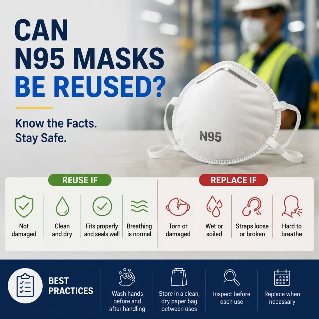 Infographic showing when an N95 respirator can be reused, when it should be replaced, and best practices for inspecting, storing, and using N95 masks safely in the workplace.