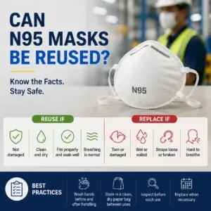 Infographic showing when an N95 respirator can be reused, when it should be replaced, and best practices for inspecting, storing, and using N95 masks safely in the workplace.