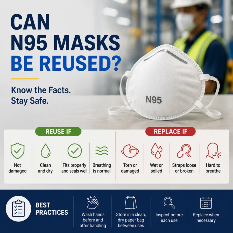 Infographic showing when an N95 respirator can be reused, when it should be replaced, and best practices for inspecting, storing, and using N95 masks safely in the workplace.