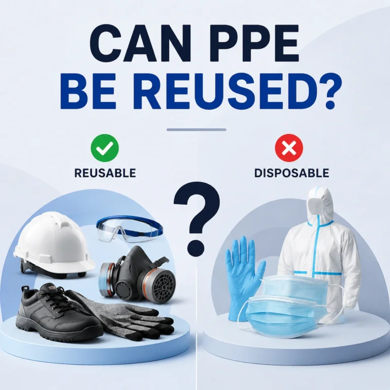 Illustration comparing reusable and disposable PPE, including safety helmets, respirators, safety glasses, gloves, safety shoes, disposable masks, gloves, and protective coveralls.