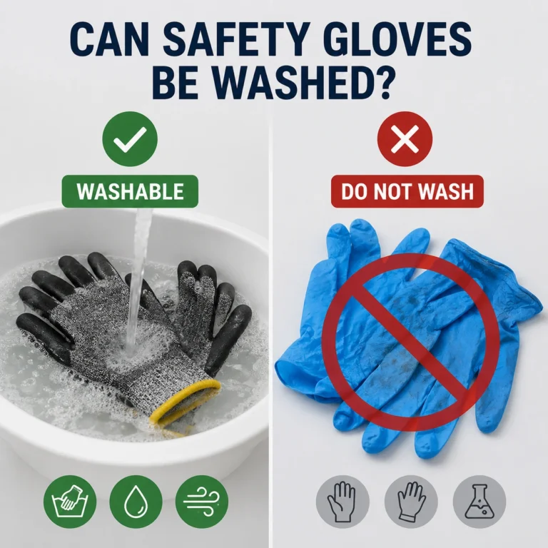 Infographic showing washable reusable safety gloves and disposable gloves that should not be washed, with simple guidance for glove cleaning and maintenance.
