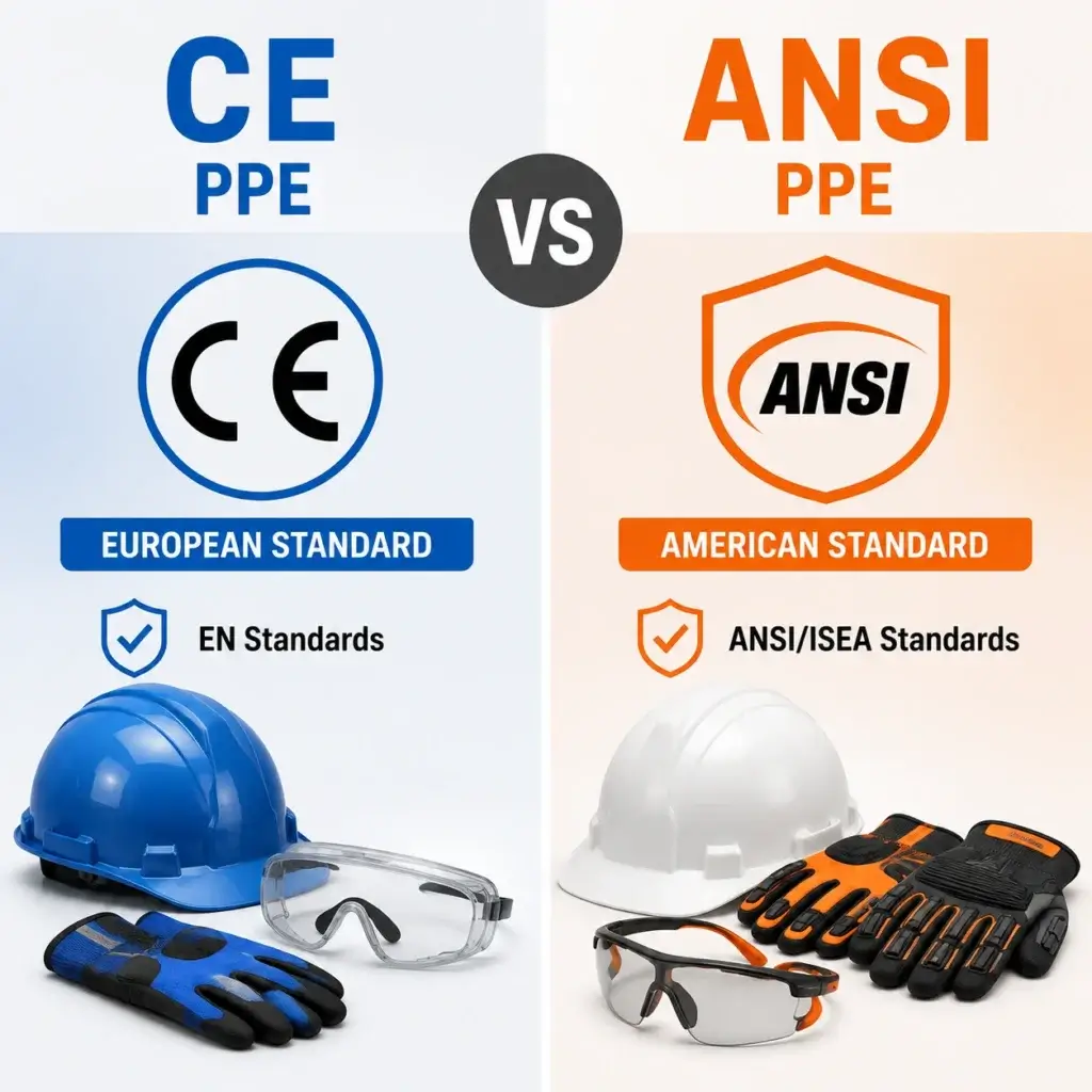 Infographic comparing CE and ANSI PPE standards with safety helmets, safety glasses, and protective gloves for European and American workplace safety compliance.