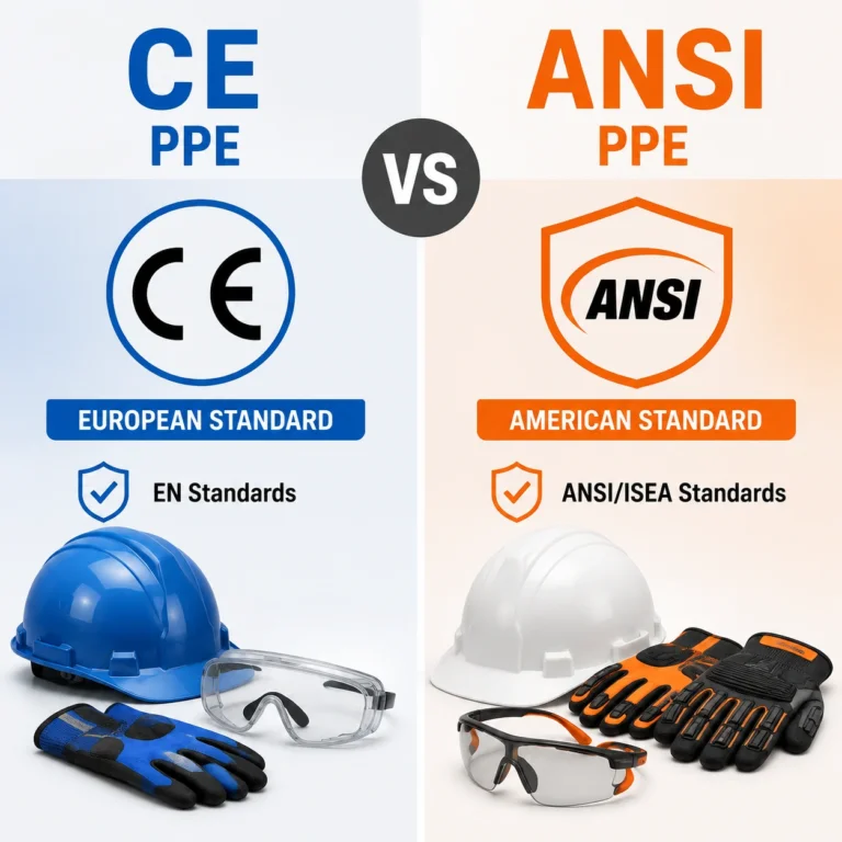 Infographic comparing CE and ANSI PPE standards with safety helmets, safety glasses, and protective gloves for European and American workplace safety compliance.