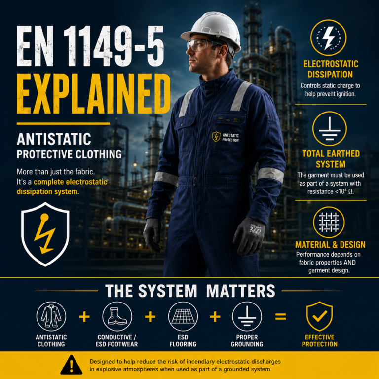 EN 1149-5 antistatic protective clothing with electrostatic dissipation and grounding system
