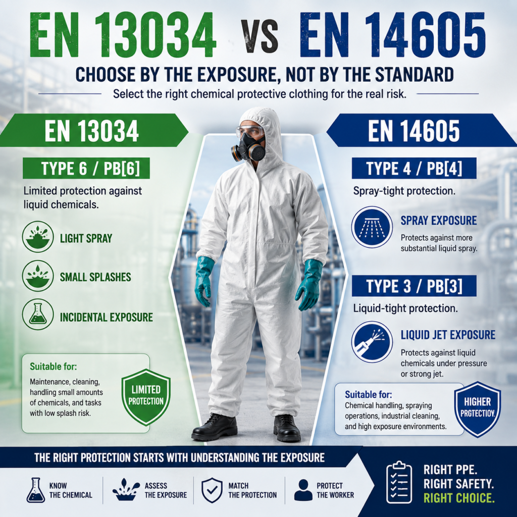 EN 13034 vs EN 14605 chemical protective clothing Type 6 Type 4 and Type 3
