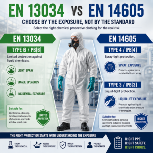 EN 13034 vs EN 14605 chemical protective clothing Type 6 Type 4 and Type 3