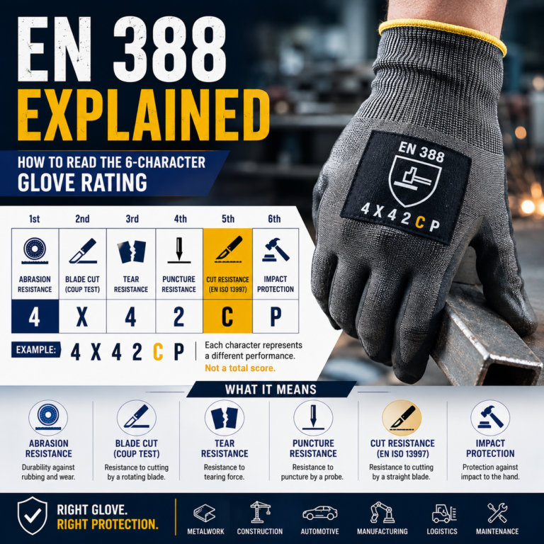 Professional industrial PPE infographic explaining the EN 388 safety glove rating, including abrasion, blade cut, tear, puncture, EN ISO 13997 cut resistance, and impact protection.