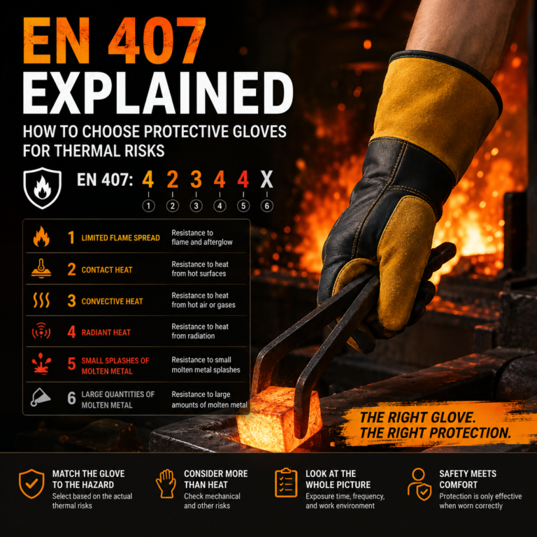 EN 407 heat-resistant gloves for thermal protection against flame, heat, and molten metal
