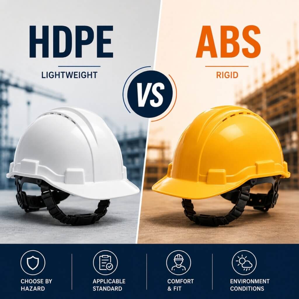 HDPE vs ABS safety helmets comparison showing lightweight HDPE and rigid ABS helmet options with key PPE selection factors.